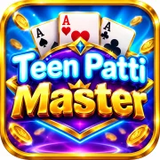 Teen Patti Master game logo with golden 3D text, playing cards, blue neon glow and premium gold border